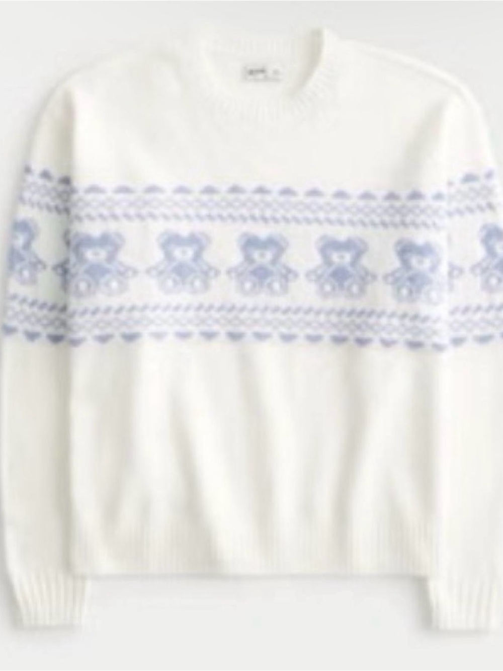 Hollister Cream Crewneck Sweater with Light Blue Teddy Motif